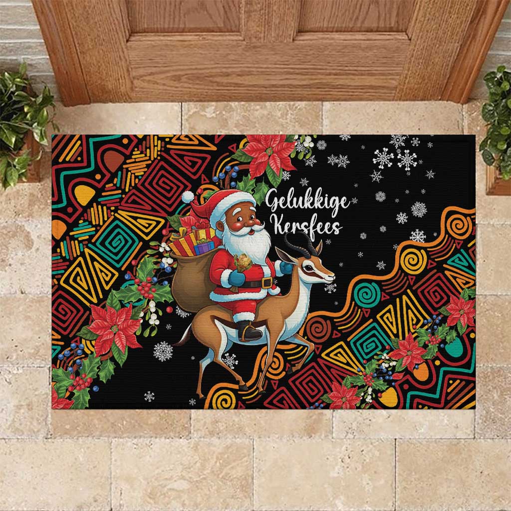 Christmas rubber doormat in black with Santa riding a springbok, colorful pattern border