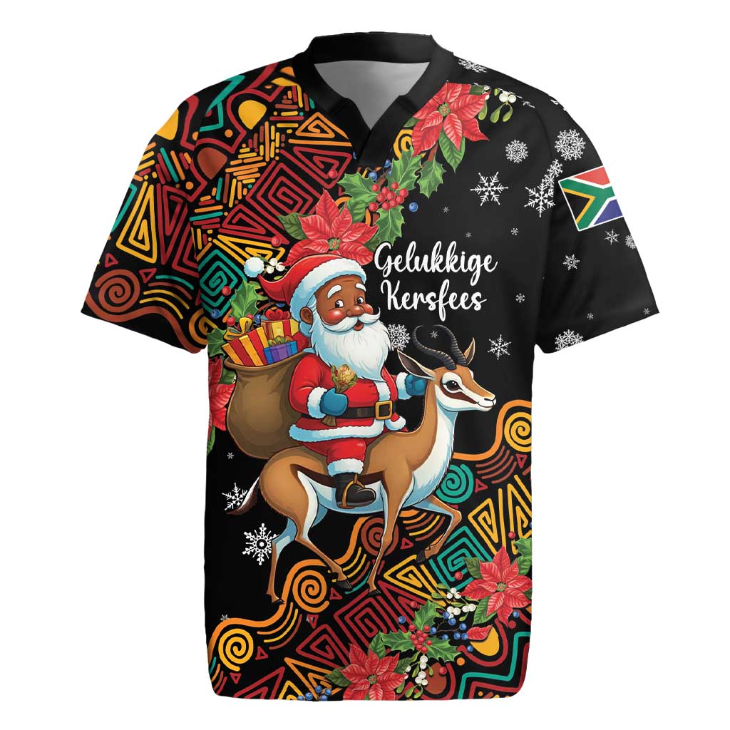 Black Christmas rugby jersey with Santa riding springbok graphic and colorful pattern