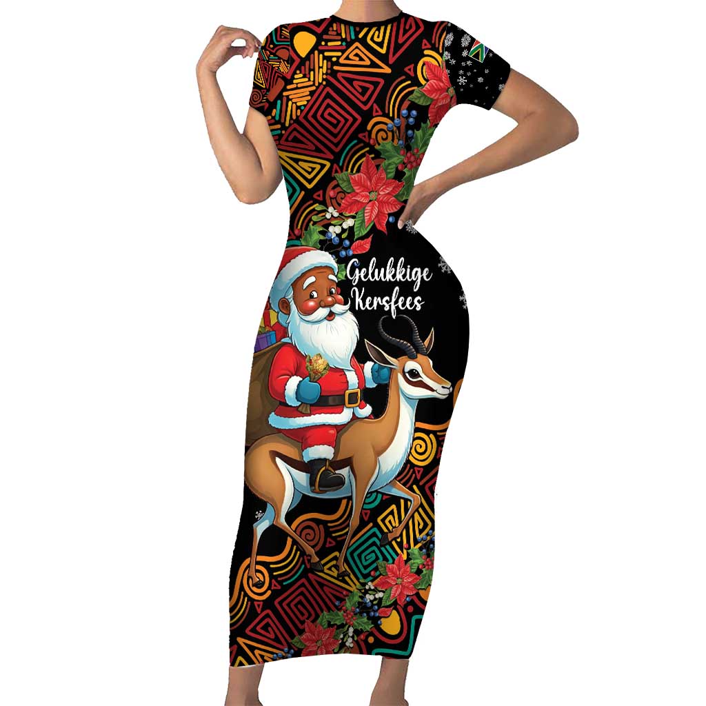 South Africa Christmas Short Sleeve Bodycon Dress Black Santa Claus Riding Springbok