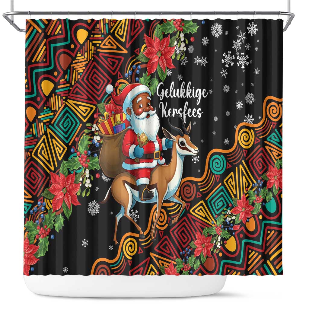 Black Christmas shower curtain with Santa riding springbok, colorful patterns, snowflakes