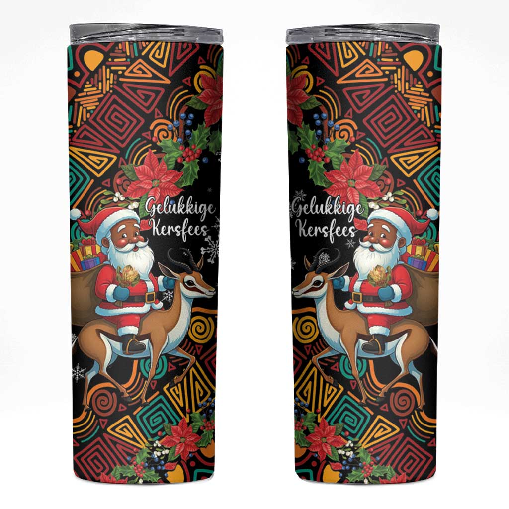 South Africa Christmas Skinny Tumbler Black Santa Claus Riding Springbok