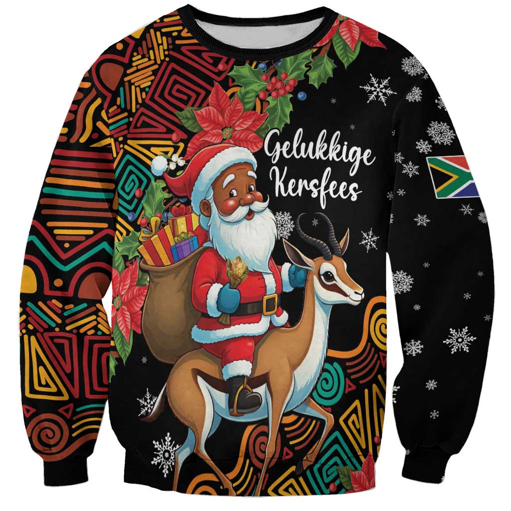 Black Christmas sweatshirt featuring Santa on springbok with colorful patterns, festive text