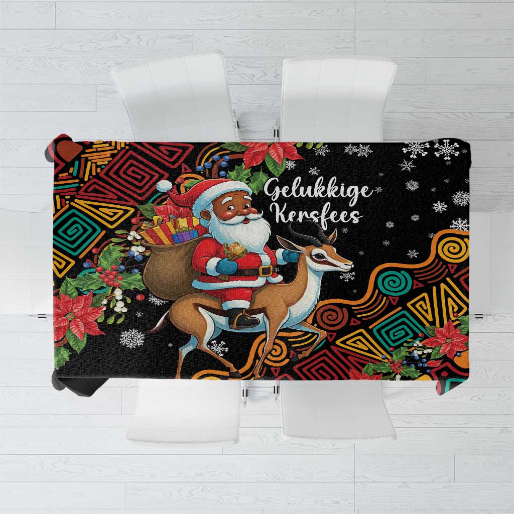 Christmas tablecloth with Santa on horseback and colorful geometric trim, black base