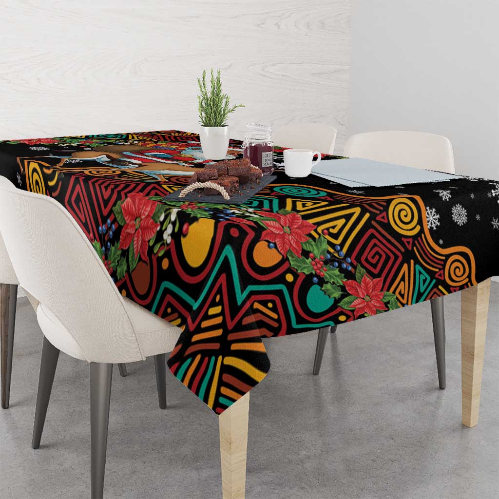 Christmas tablecloth with black background, colorful patterns, and poinsettias; table cover