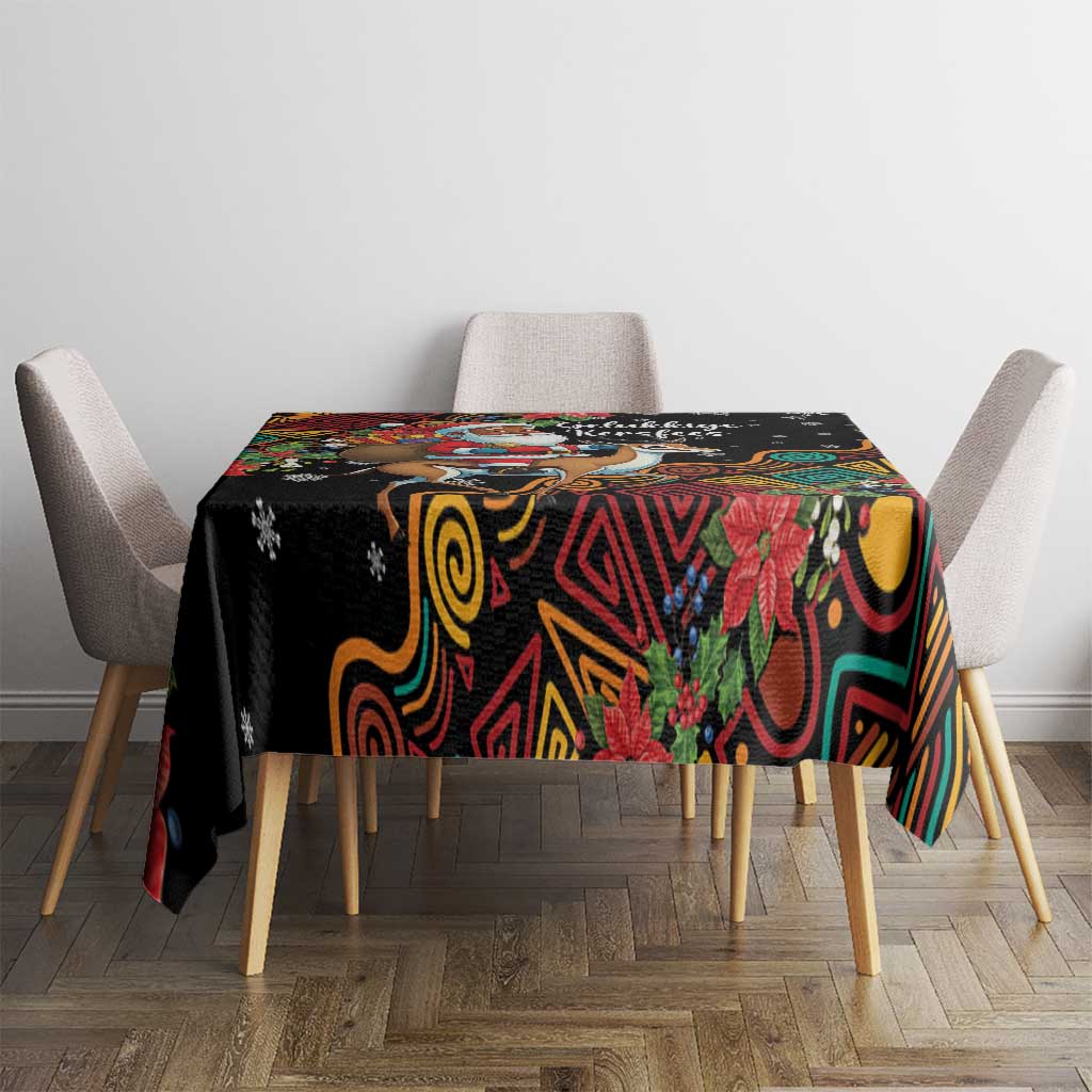 Christmas tablecloth with black base and colorful tribal swirls and poinsettias on dining table
