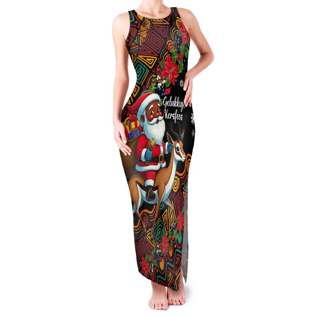 South Africa Christmas Tank Maxi Dress Black Santa Claus Riding Springbok - Wonder Print Shop