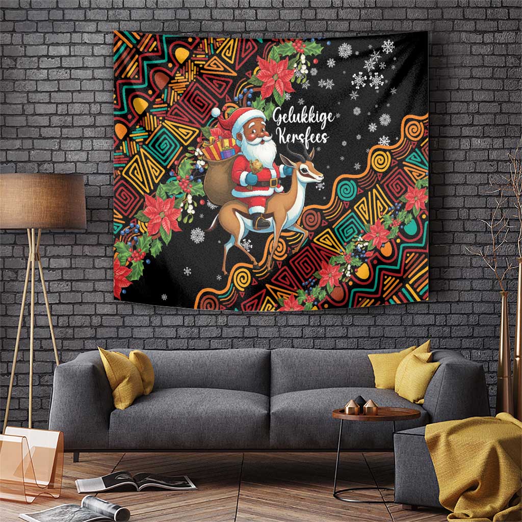 Rectangular Christmas tapestry with Santa riding springbok, colorful geometric pattern, snowflakes