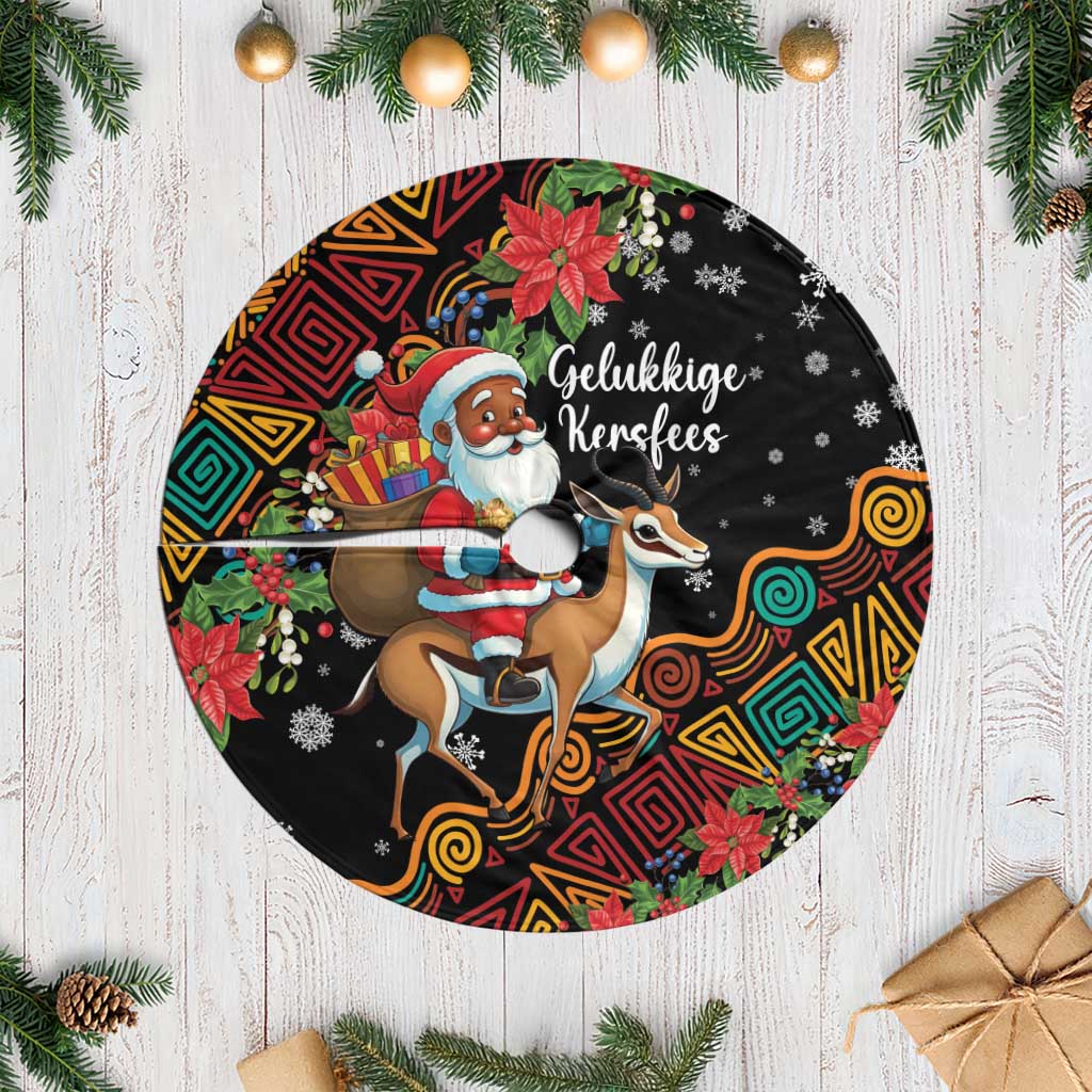 Black Christmas tree skirt with colorful Santa-and-springbok print and festive poinsettia decor
