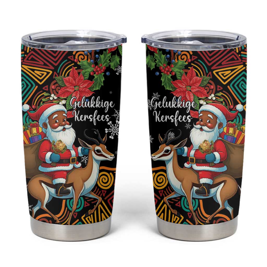 Black Christmas tumbler with colorful Santa riding springbok graphic and clear flip lid