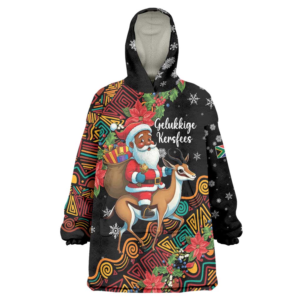 South Africa Christmas Wearable Blanket Hoodie Black Santa Claus Riding Springbok