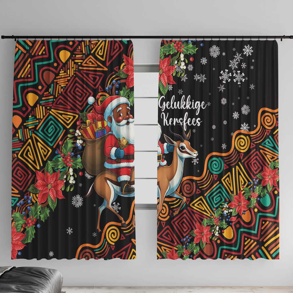 Christmas window curtain pair on black background with colorful patterns, Santa riding springbok