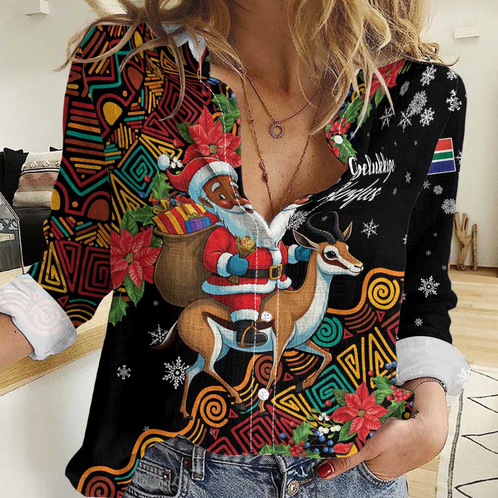 South Africa Christmas Women Casual Shirt Black Santa Claus Riding Springbok