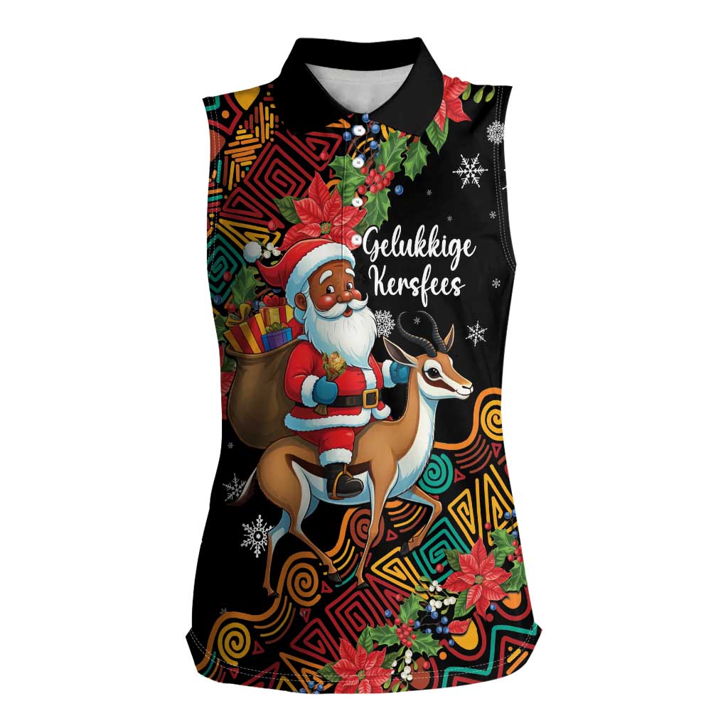 South Africa Christmas Women Sleeveless Polo Shirt Black Santa Claus Riding Springbok