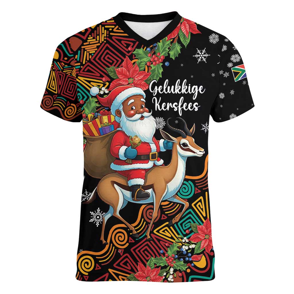 South Africa Christmas Women V-Neck T-Shirt Black Santa Claus Riding Springbok