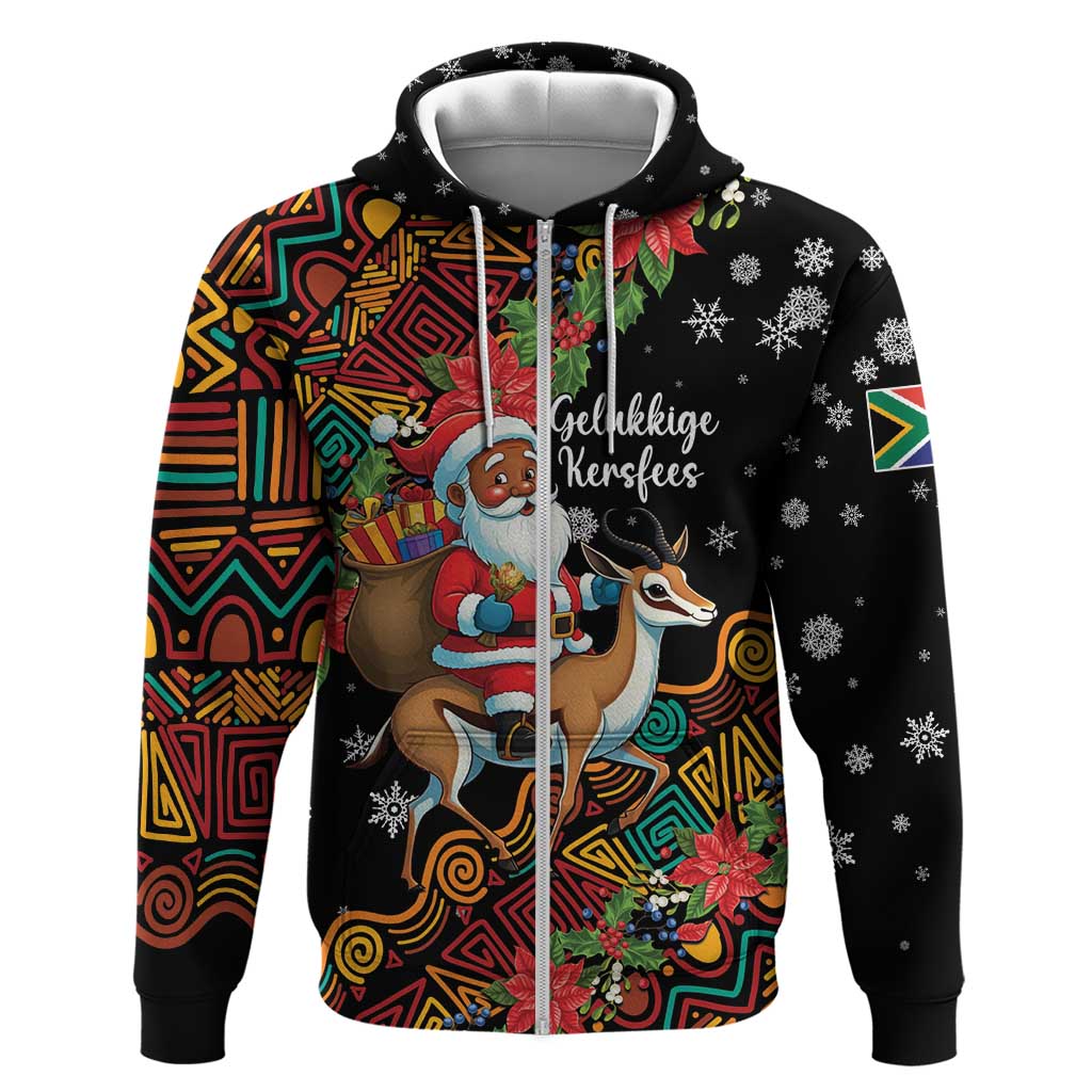 Black zip hoodie with Santa riding springbok, colorful geometric print and snowflakes