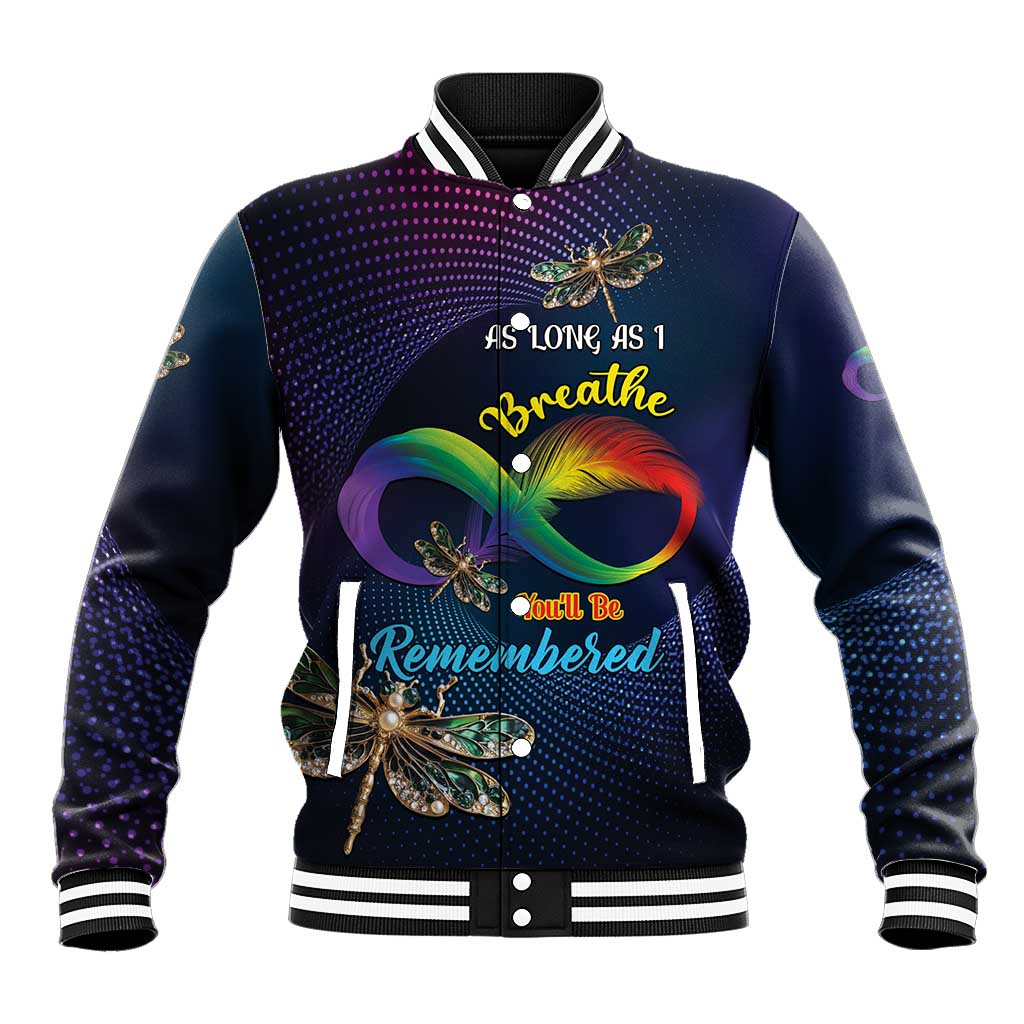 Unisex baseball jacket with dark navy, rainbow infinity and dragonfly graphic, snap front