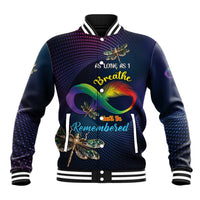 Unisex baseball jacket with dark navy, rainbow infinity and dragonfly graphic, snap front