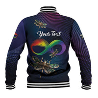 Unisex baseball jacket back with purple-pink speckle, rainbow infinity, dragonfly motifs