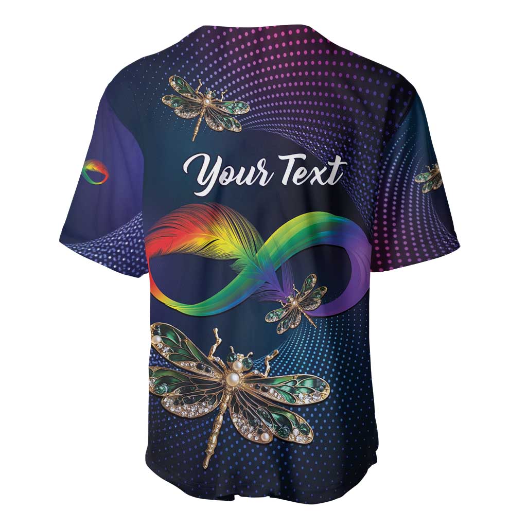 Dark navy baseball jersey with centered dragonfly, rainbow infinity graphic, and custom text