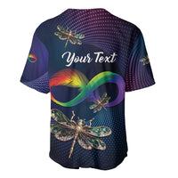 Dark navy baseball jersey with centered dragonfly, rainbow infinity graphic, and custom text