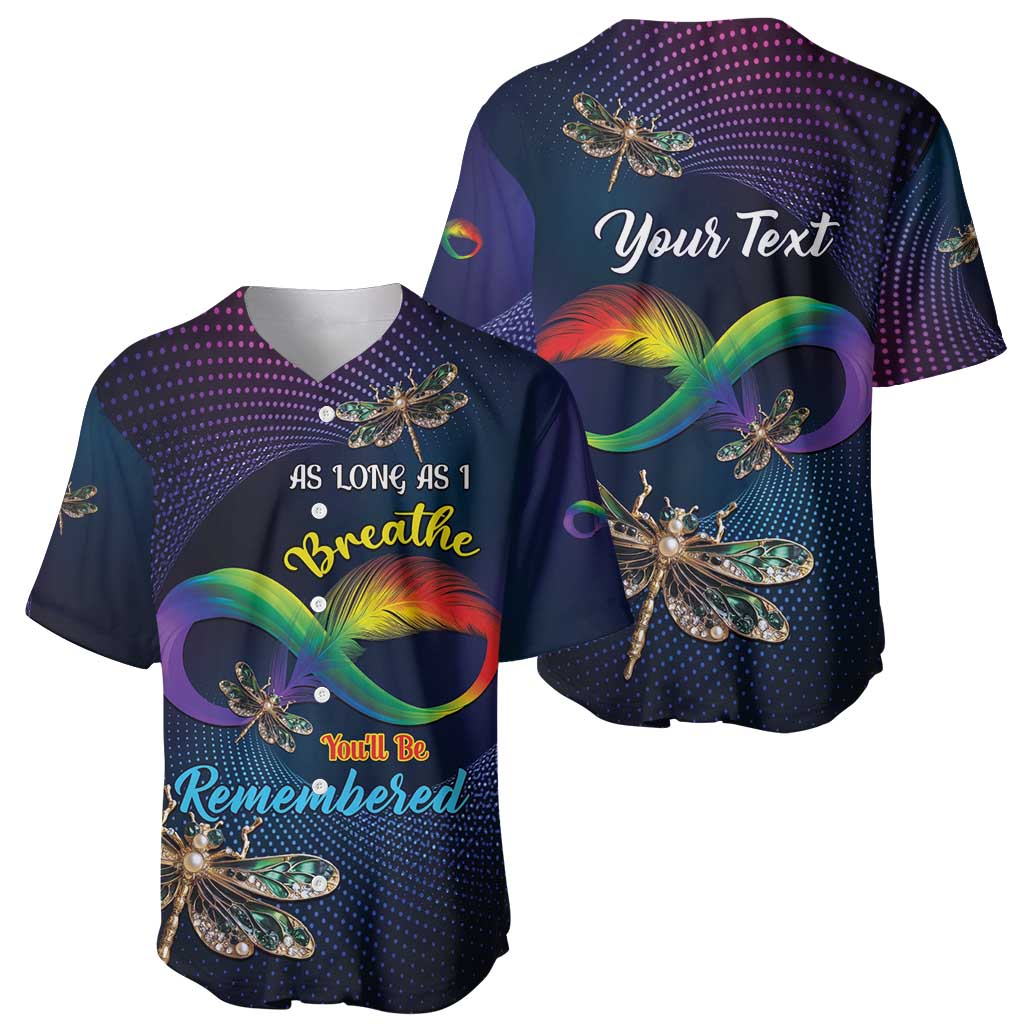 Dark navy baseball jersey with dragonflies, rainbow infinity, and beaded floral design