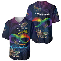 Dark navy baseball jersey with dragonflies, rainbow infinity, and beaded floral design
