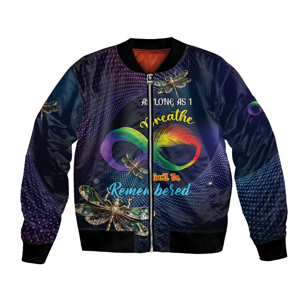 Dark blue bomber jacket with zip front and colorful feather-dragonfly graphic, ribbed cuffs