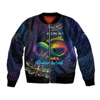 Dark blue bomber jacket with zip front and colorful feather-dragonfly graphic, ribbed cuffs