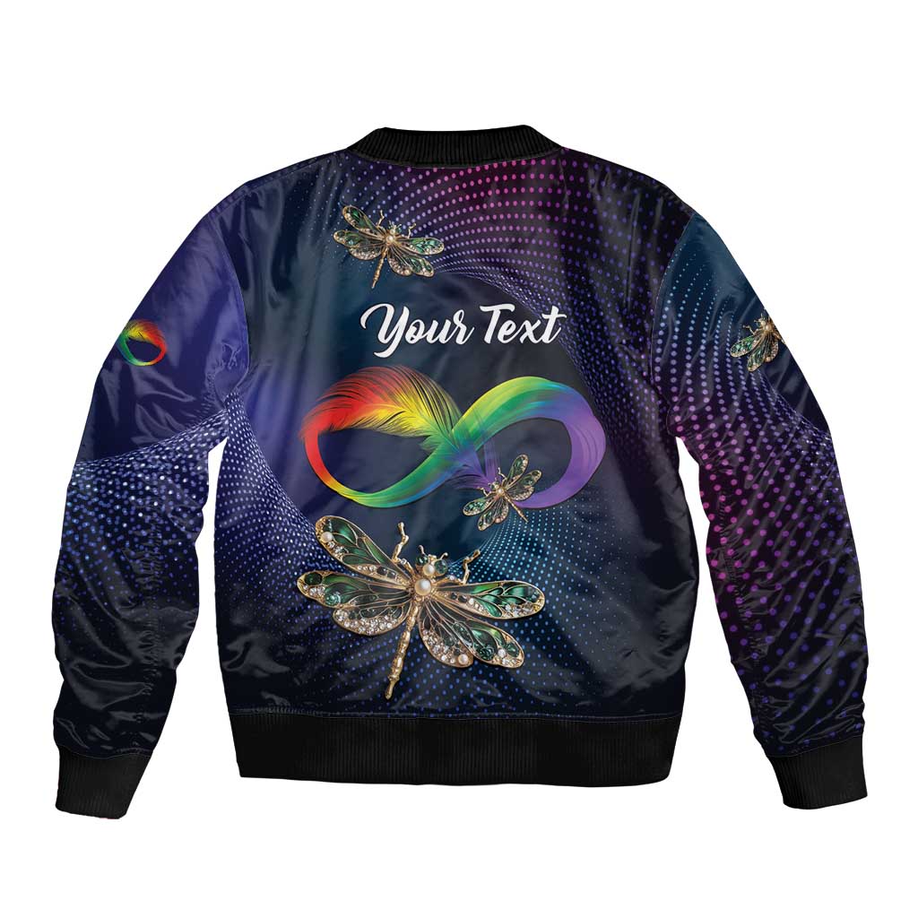 Dark blue bomber jacket back with colorful feather-dragonfly art, optional text panel, ribbed hem