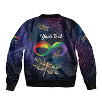 Dark blue bomber jacket back with colorful feather-dragonfly art, optional text panel, ribbed hem