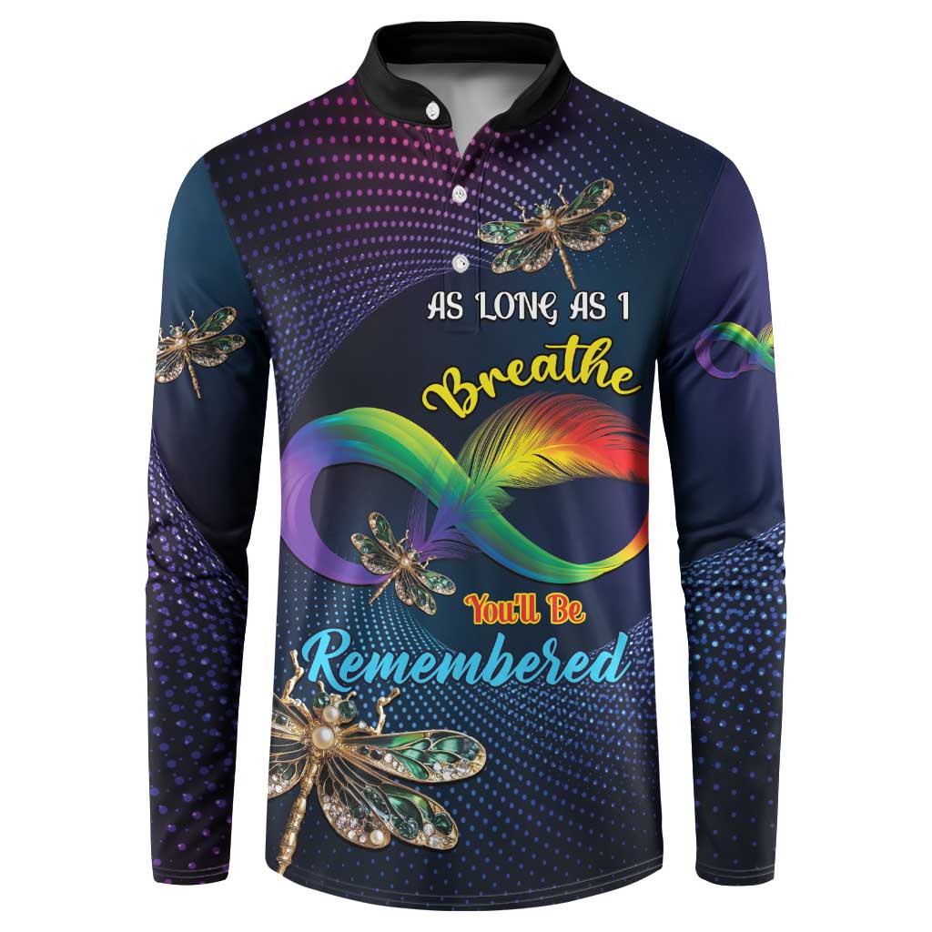 Men's long-sleeve button sweatshirt with rainbow dragonfly graphic and remembrance text