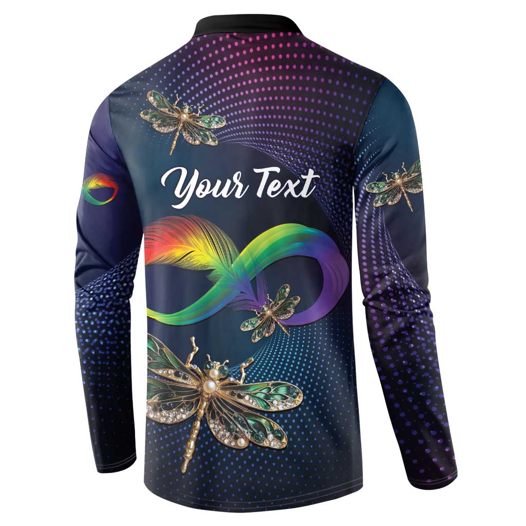 Men's long-sleeve button sweatshirt, back text "Your Text" with rainbow dragonfly graphic