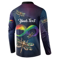 Men's long-sleeve button sweatshirt, back text "Your Text" with rainbow dragonfly graphic