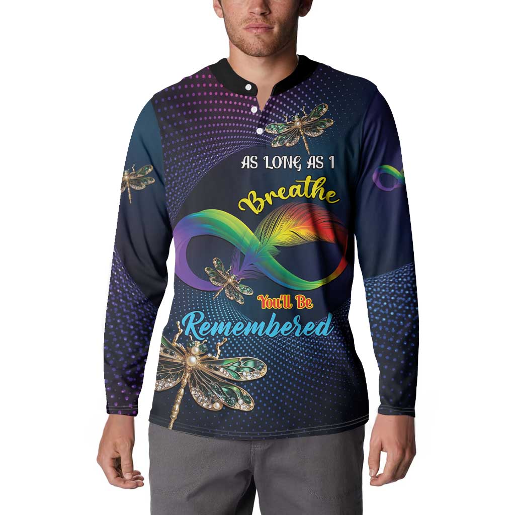 Men's button sweatshirt worn by model, front features rainbow dragonflies and remembrance text