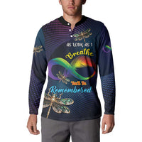 Men's button sweatshirt worn by model, front features rainbow dragonflies and remembrance text
