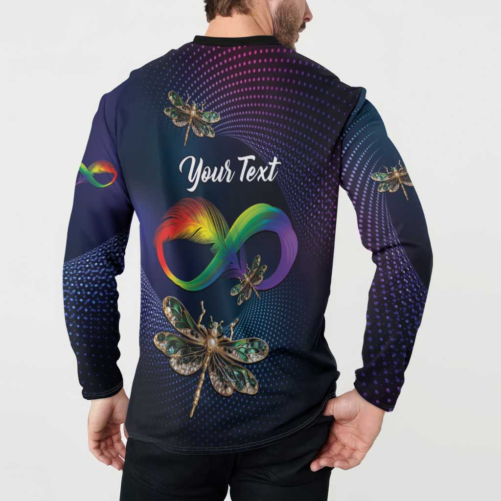 Men's button sweatshirt worn by model, back shows "Your Text" with rainbow dragonflies