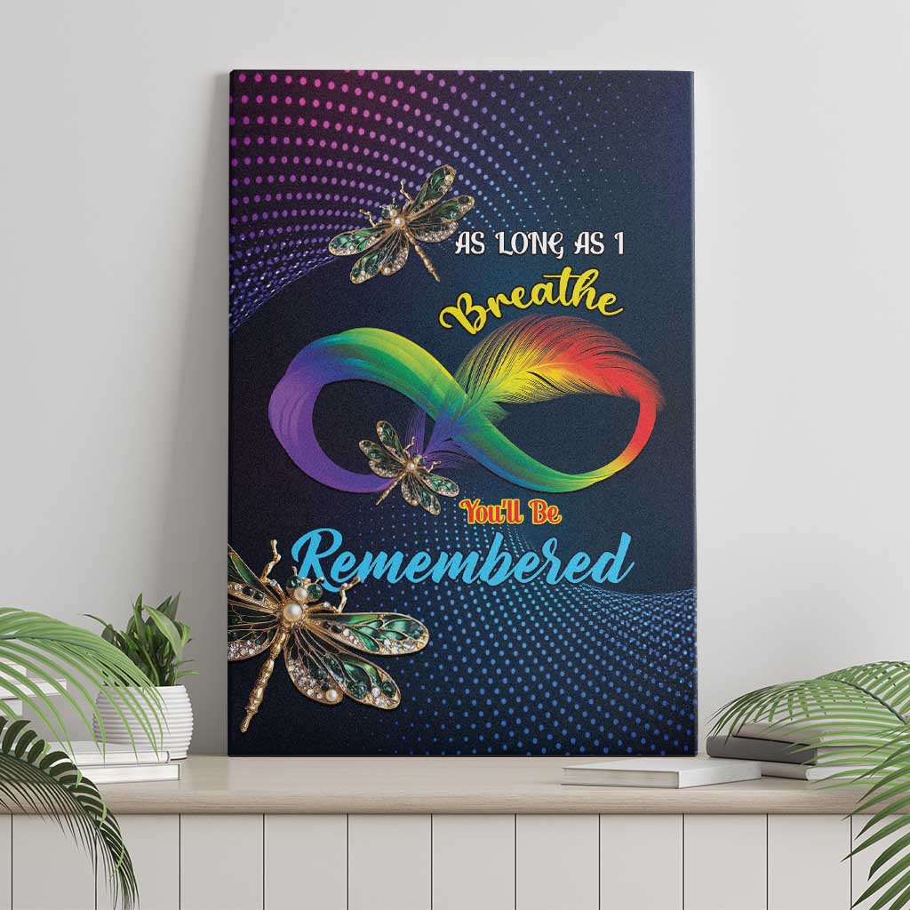 Canvas wall art featuring rainbow infinity feather with dragonflies and “Remembered” text.