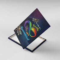 Framed canvas wall art with rainbow infinity feather and dragonflies, dark blue dot design.