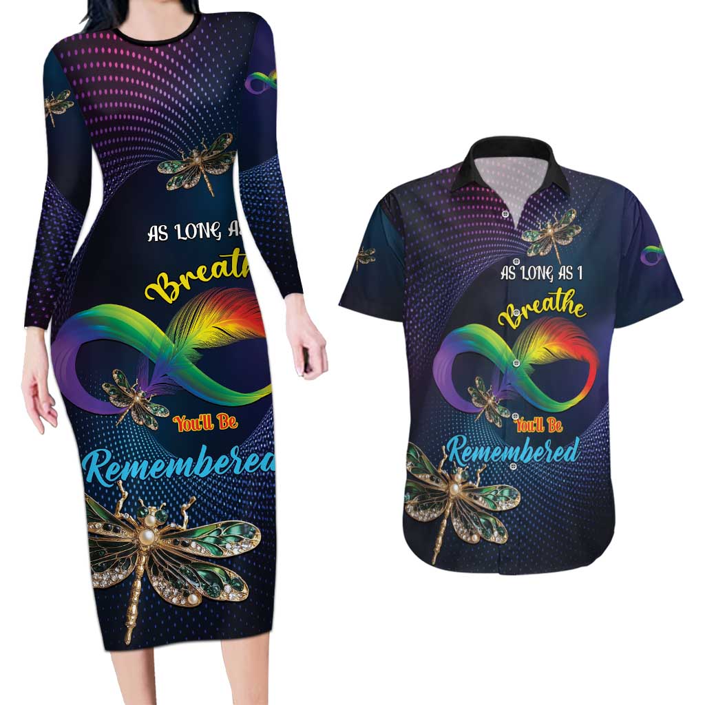 Personalized As Long As I Breathe You'll Be Remembered Couples Matching Long Sleeve Bodycon Dress and Hawaiian Shirt Feather Infinity Luxury Dragonfly - Wonder Print Shop