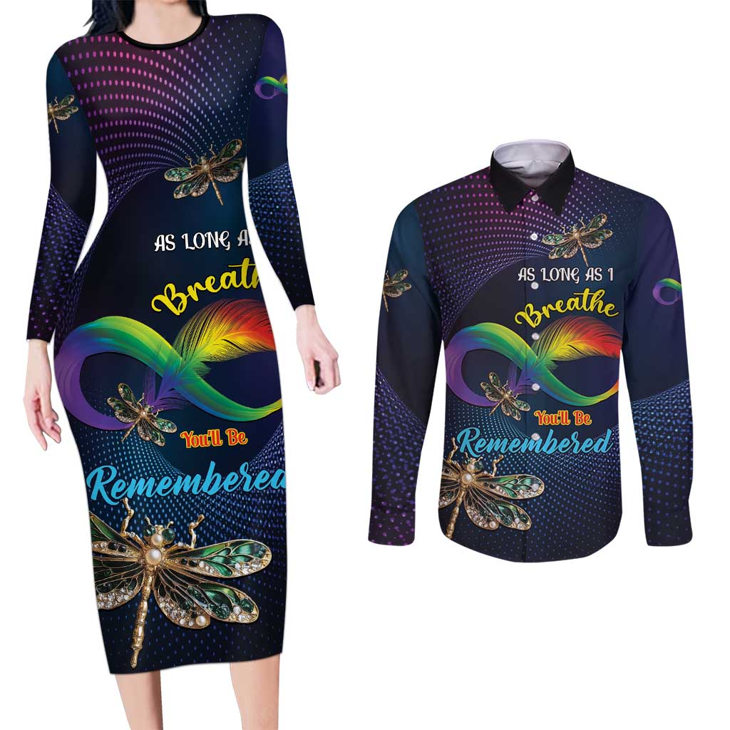 Personalized As Long As I Breathe You'll Be Remembered Couples Matching Long Sleeve Bodycon Dress and Long Sleeve Button Shirt Feather Infinity Luxury Dragonfly - Wonder Print Shop