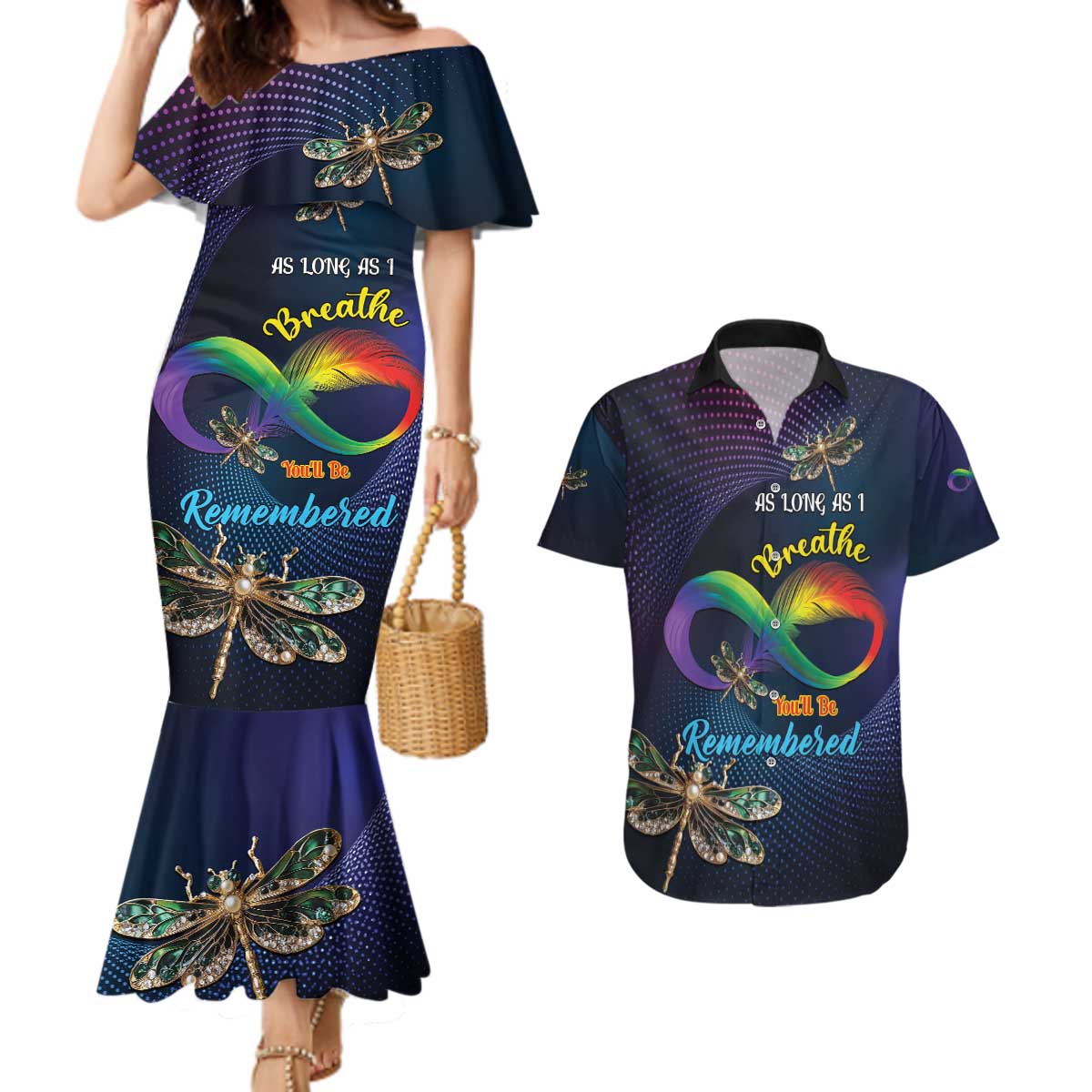 Personalized As Long As I Breathe You'll Be Remembered Couples Matching Mermaid Dress and Hawaiian Shirt Feather Infinity Luxury Dragonfly - Wonder Print Shop