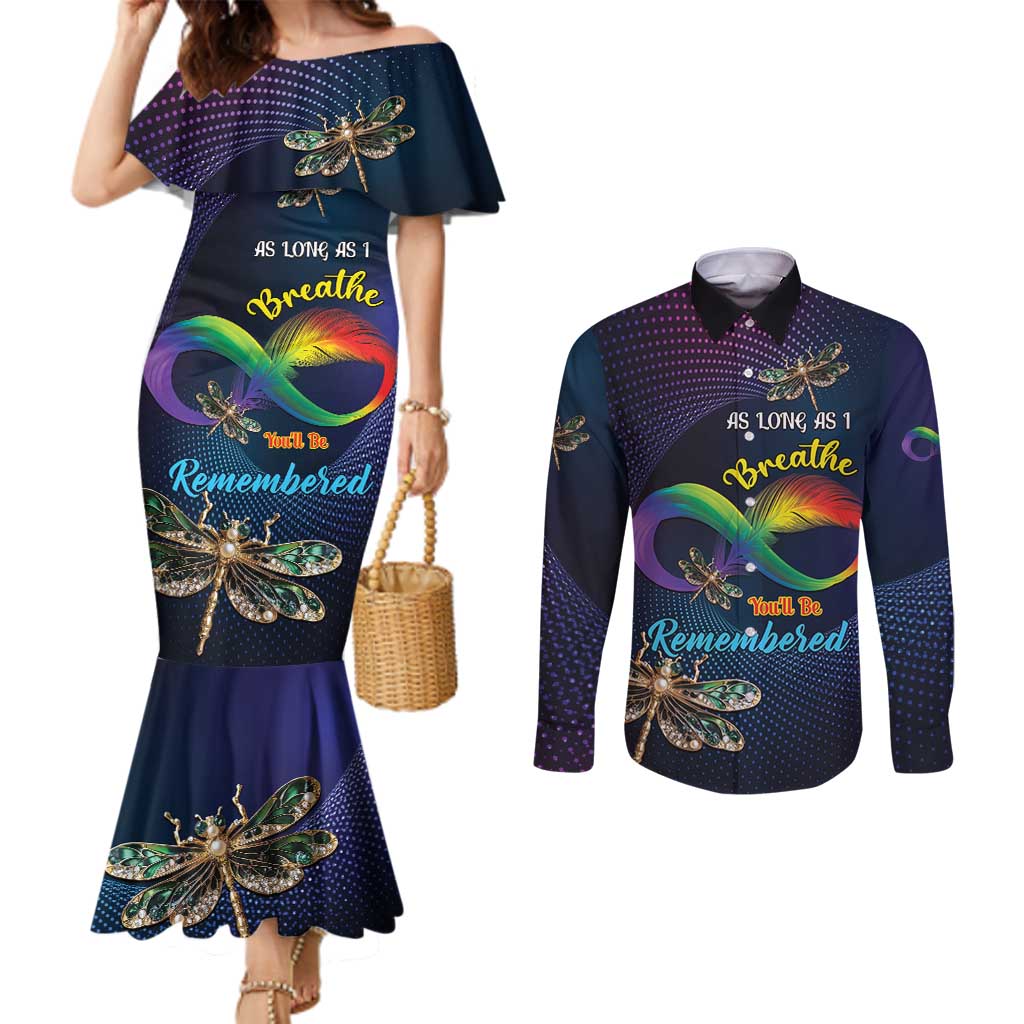 Personalized As Long As I Breathe You'll Be Remembered Couples Matching Mermaid Dress and Long Sleeve Button Shirt Feather Infinity Luxury Dragonfly