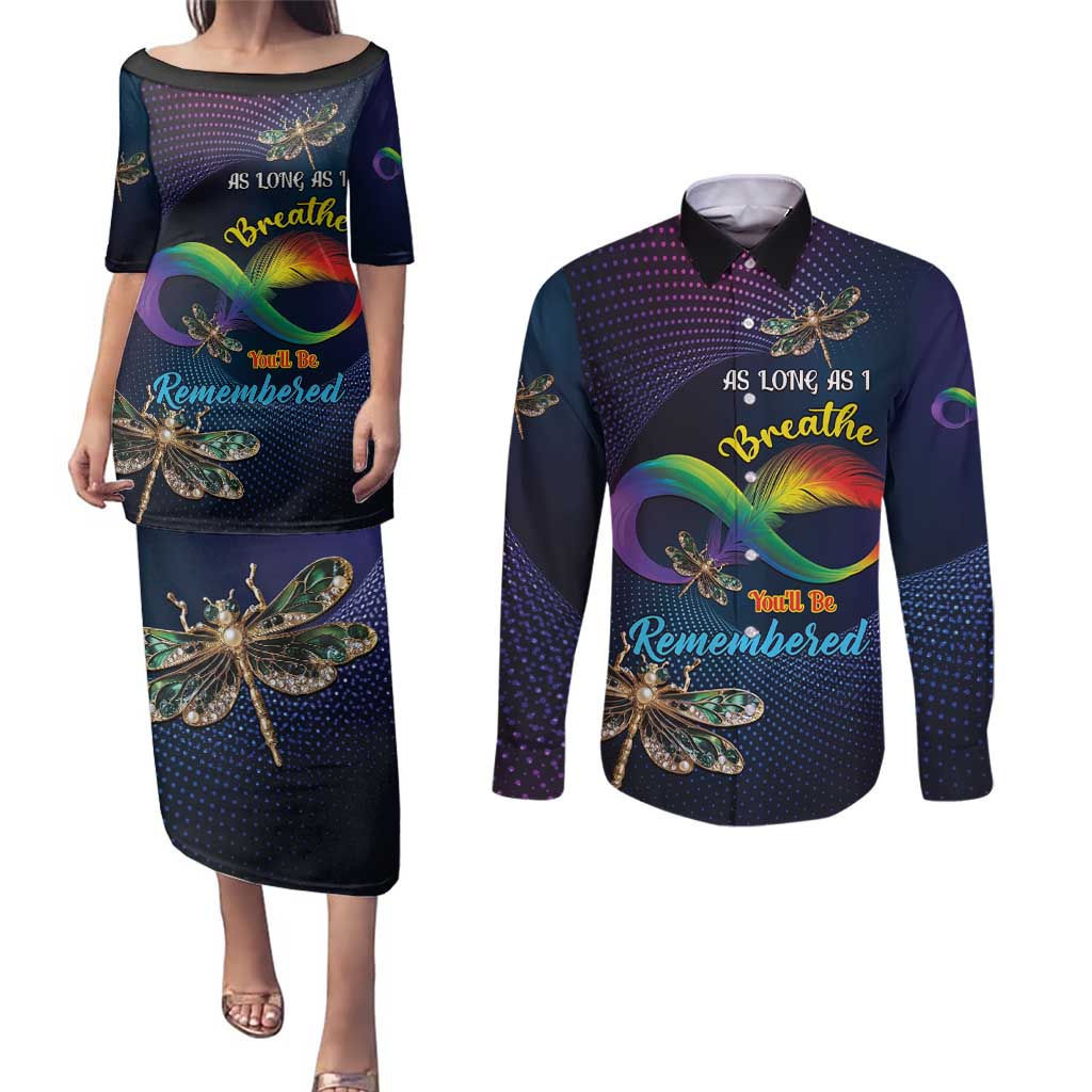 Personalized As Long As I Breathe You'll Be Remembered Couples Matching Puletasi and Long Sleeve Button Shirt Feather Infinity Luxury Dragonfly - Wonder Print Shop