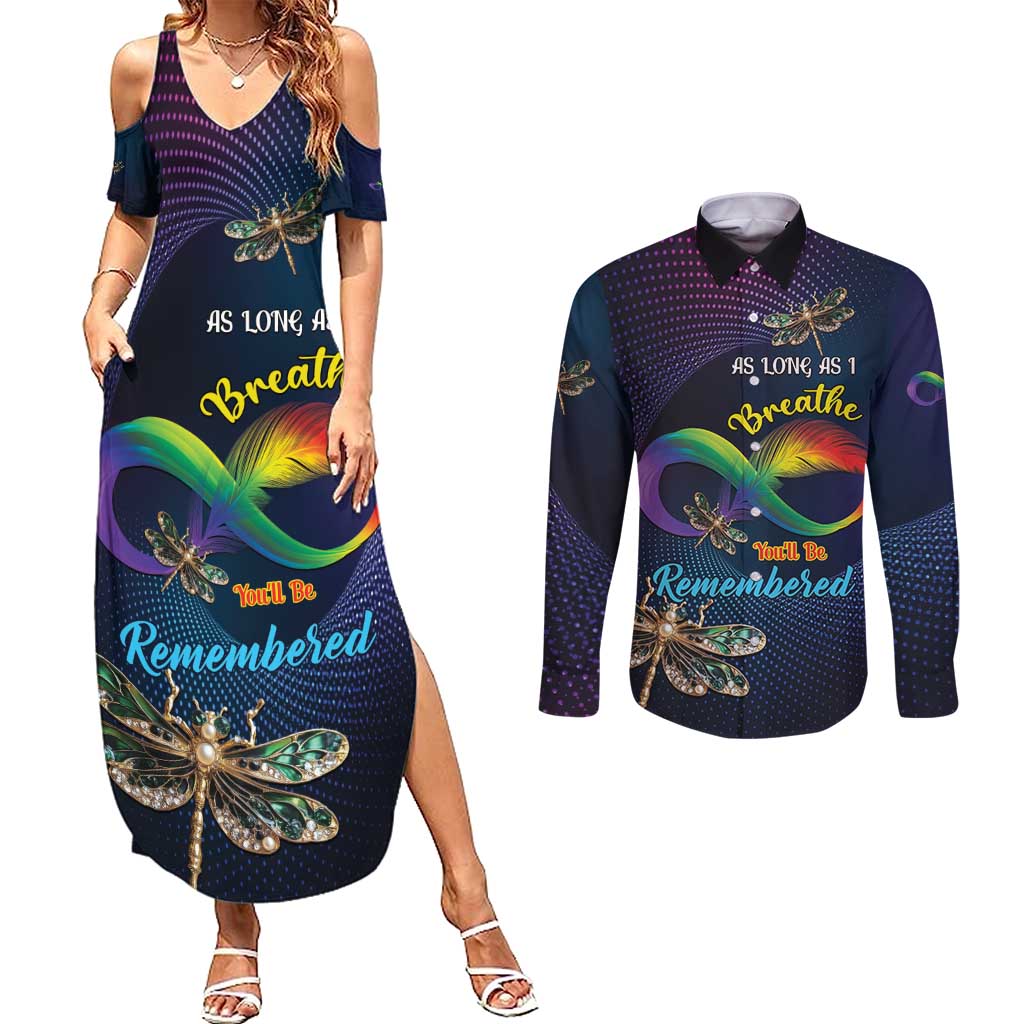 Personalized As Long As I Breathe You'll Be Remembered Couples Matching Summer Maxi Dress and Long Sleeve Button Shirt Feather Infinity Luxury Dragonfly - Wonder Print Shop