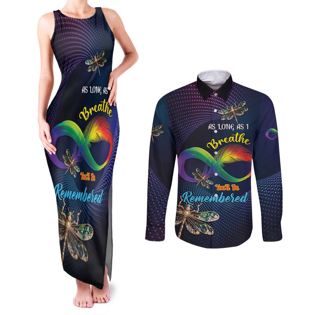 Personalized As Long As I Breathe You'll Be Remembered Couples Matching Tank Maxi Dress and Long Sleeve Button Shirt Feather Infinity Luxury Dragonfly - Wonder Print Shop