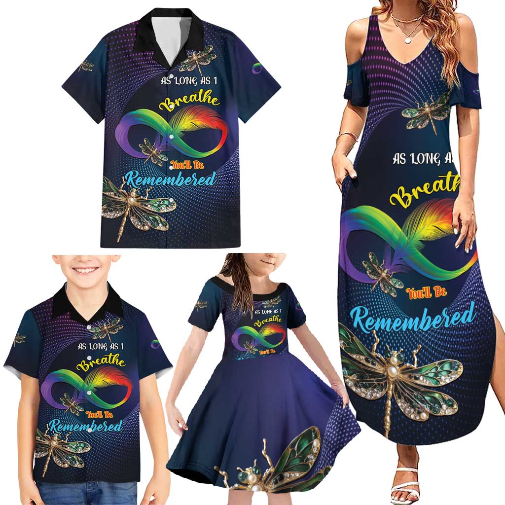 Personalized As Long As I Breathe You'll Be Remembered Family Matching Summer Maxi Dress and Hawaiian Shirt Feather Infinity Luxury Dragonfly