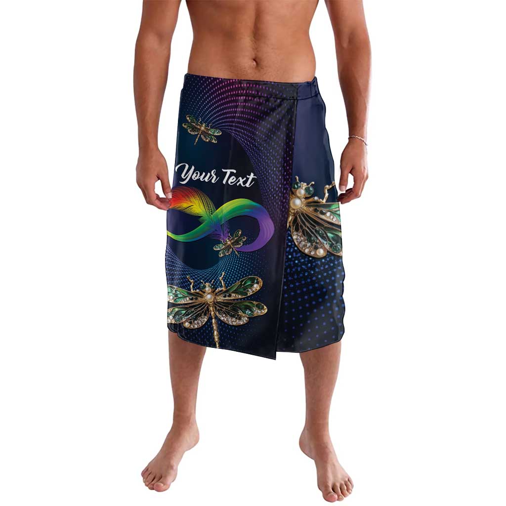 Personalized navy sarong shorts with dragonfly-feather graphic and custom text