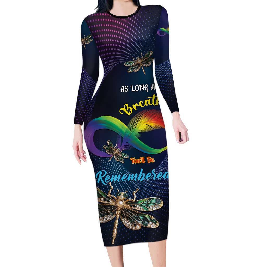 Personalized As Long As I Breathe You'll Be Remembered Long Sleeve Bodycon Dress Feather Infinity Luxury Dragonfly