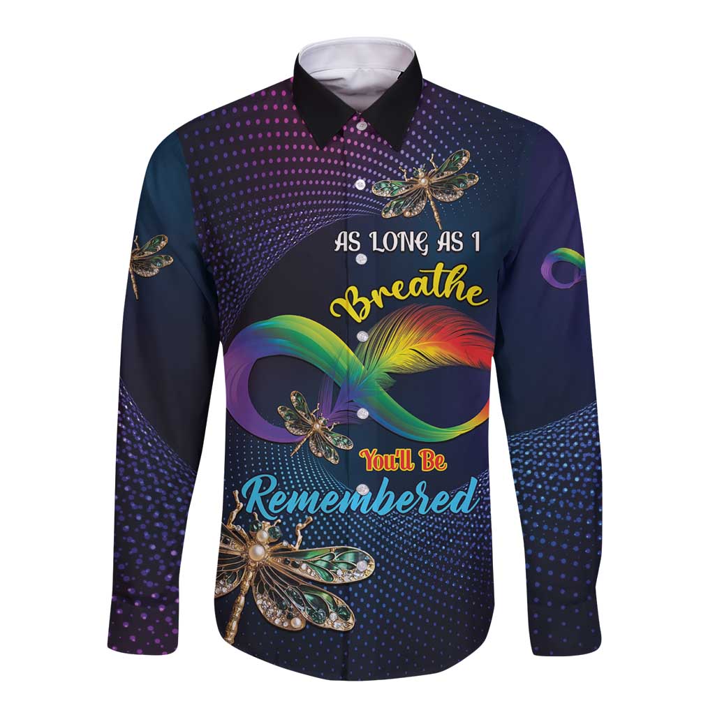 Dark navy long-sleeve button shirt with dragonfly & rainbow feather infinity 'Remembered' print