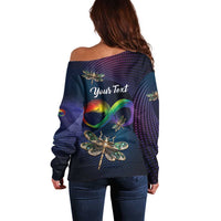 Women’s off-shoulder long-sleeve sweater, dark blue back with 'Your Text' and dragonflies